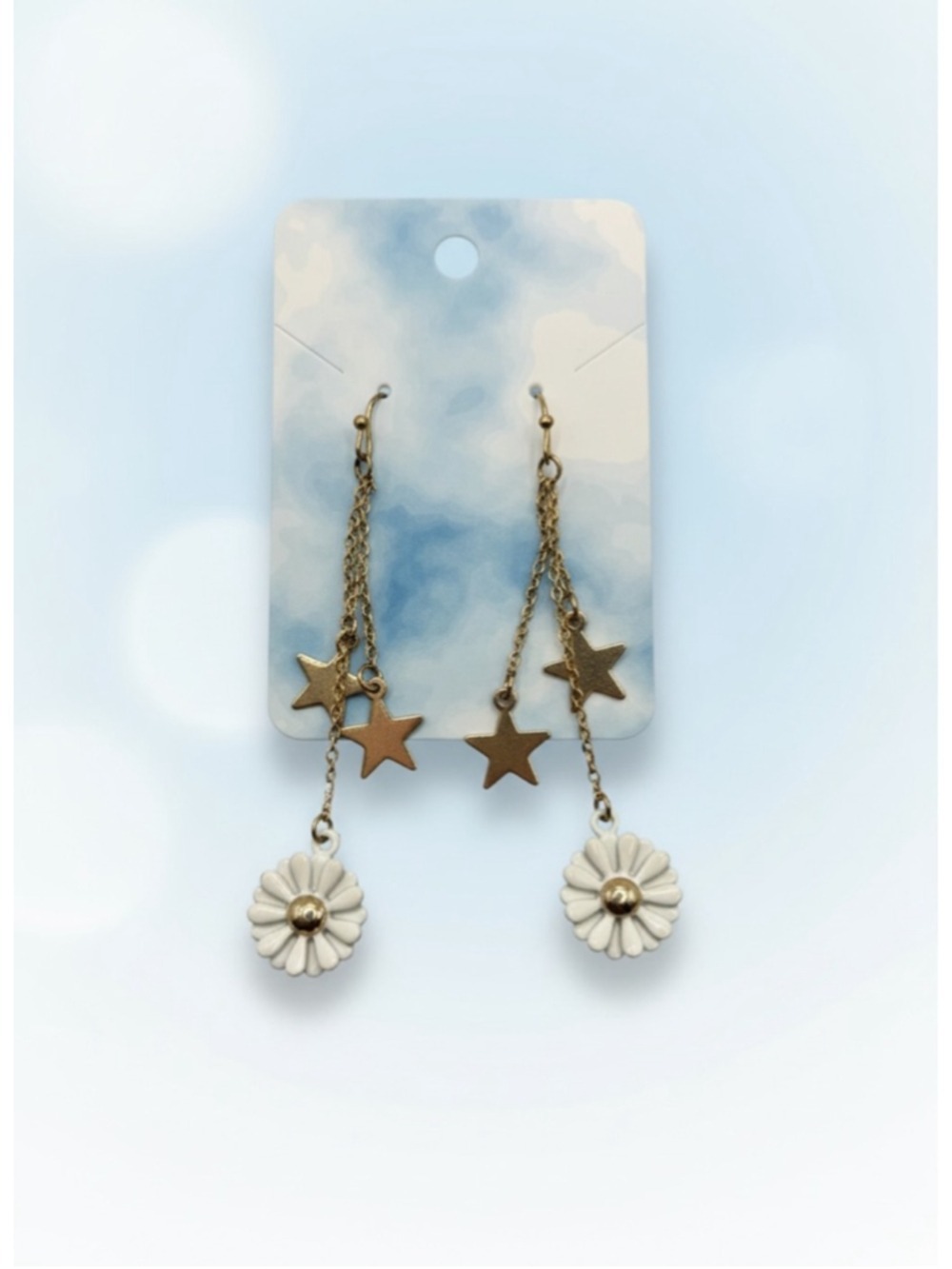 Daisy Star Drop Earrings Gold Tone Dangle Floral Celestial NWOT